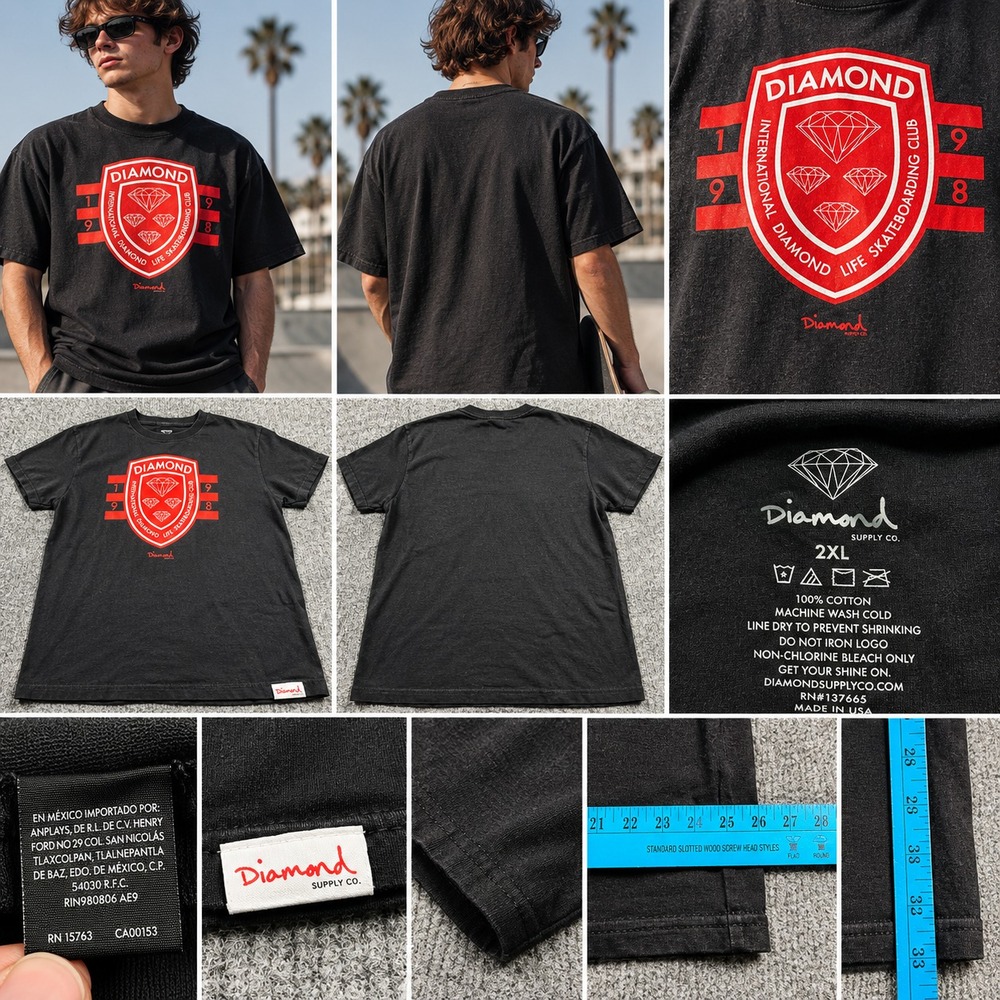Diamond Supply Co Men's 2XL Graphic 1998 Black Short Sleeve Skate Tee T-Shirt
